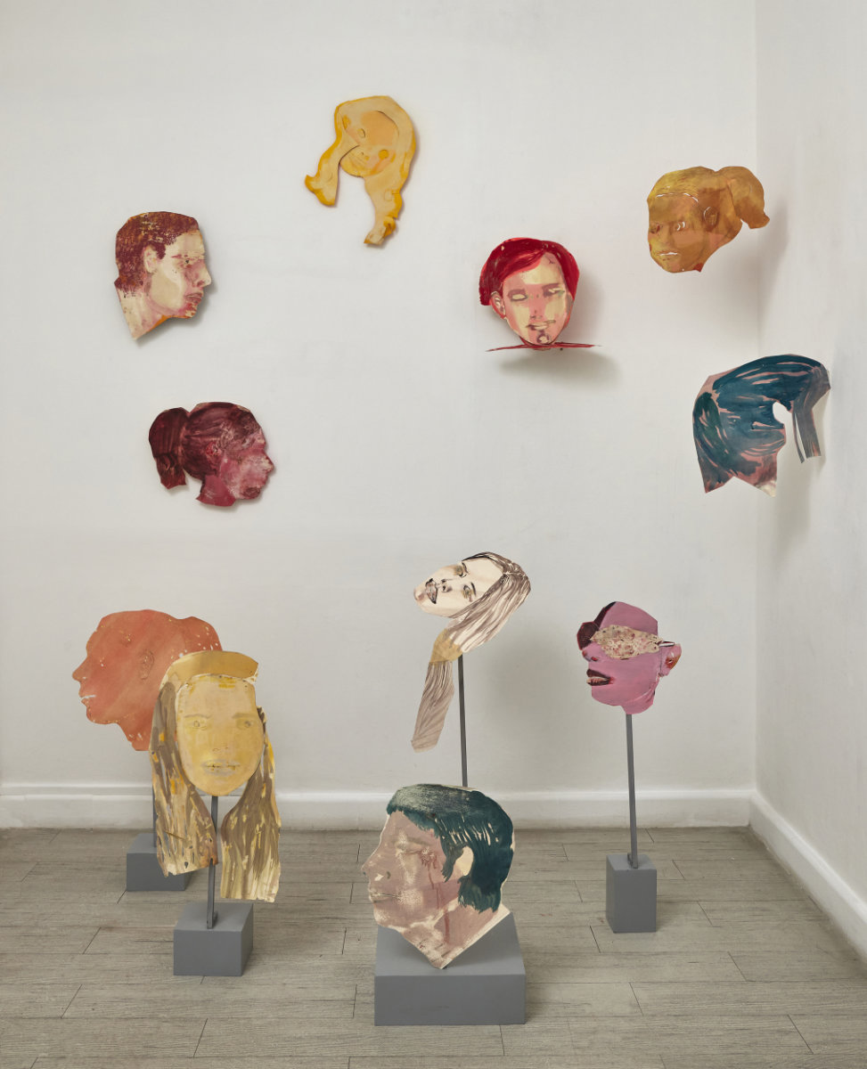Cabezas (Heads), selection of pieces from 2005 to 2008 , installation view , cut out , mix media (oil color, pigments, gouache on 300 gr Arches cotton paper)